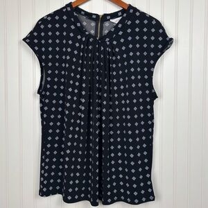 Liz Claiborne Black Blue White Patterned Cap Sleeve Blouse Back Zip Stretch XL